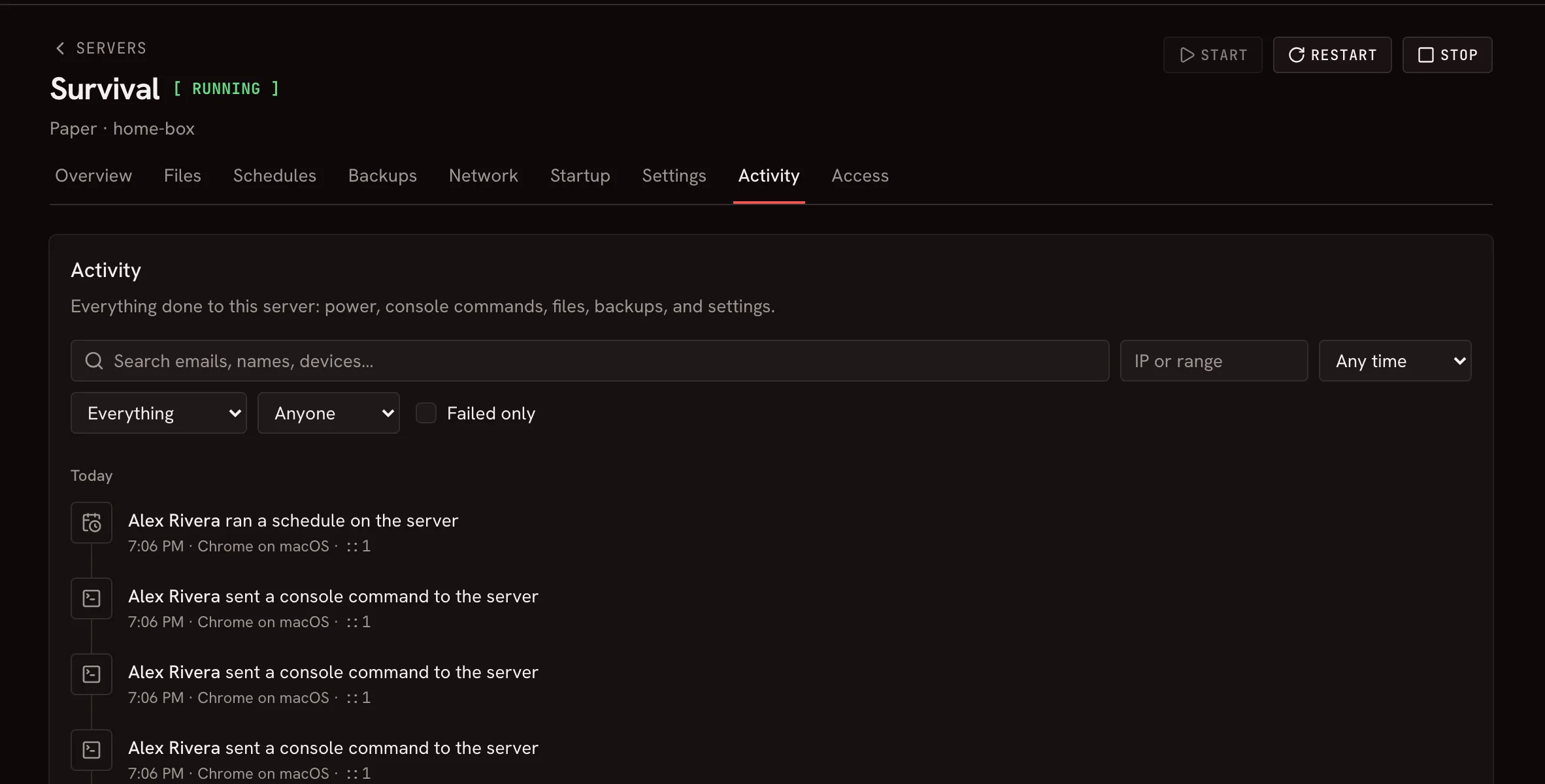 A server's activity in Raptor: who did what and when, with filters to search it