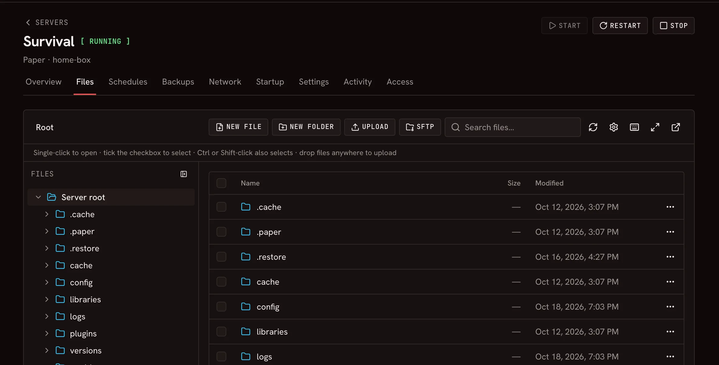 Raptor's file manager showing a Minecraft server's folders and files, with a folder tree beside the list